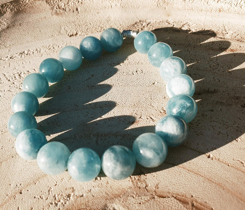 Aquamarine Beaded Bracelet: Sterling Silver Water Symbol, Calming Gemstone image 1
