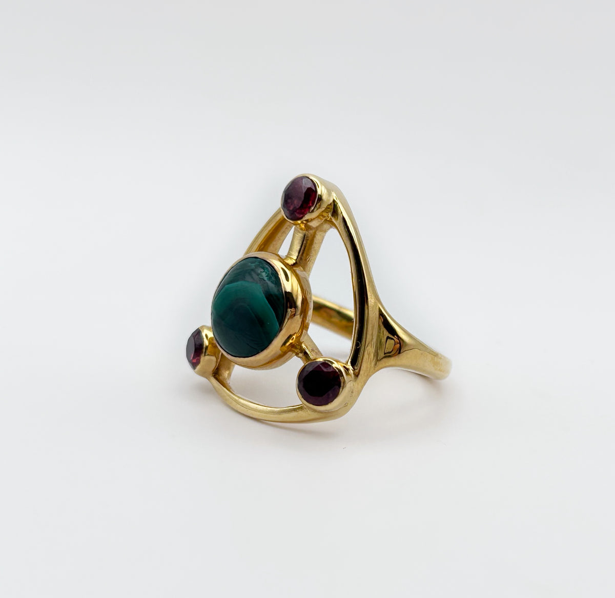 Trinity Symbol Ring in Gold-Plated Sterling Silver – Malachite Centrepiece with Garnet Accents | Handmade Gemstone Jewellery image 2