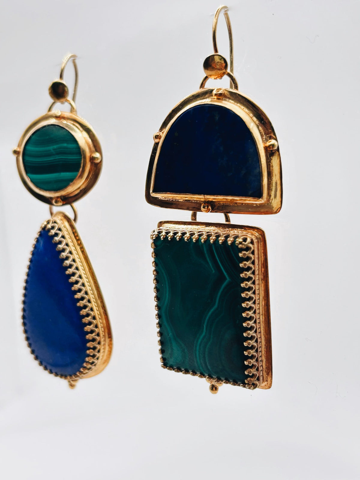 Asymmetrical Malachite & Lapis Lazuli Earrings | Long Statement Gold Plated Jewellery| Twin Realms image 2
