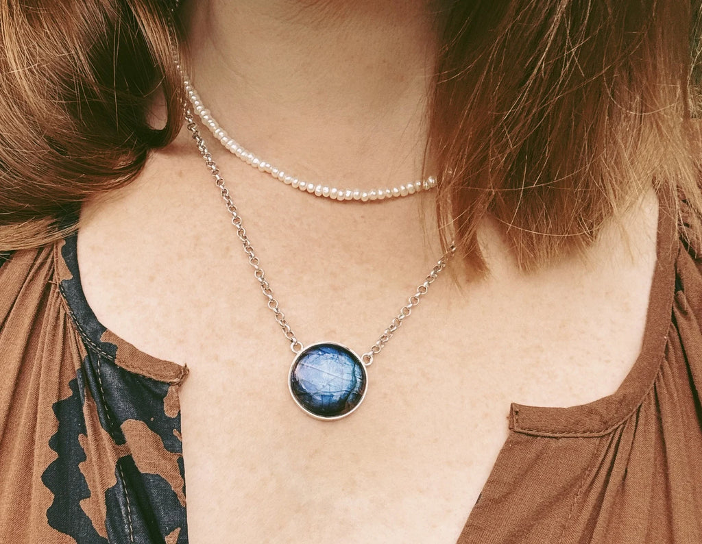 Pendant Round Labradorite on Silver Chain image 2