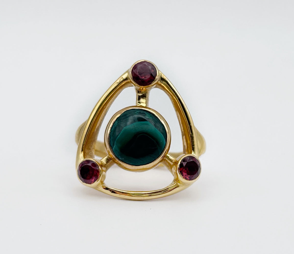 Trinity Symbol Ring in Gold-Plated Sterling Silver – Malachite Centrepiece with Garnet Accents | Handmade Gemstone Jewellery image 0