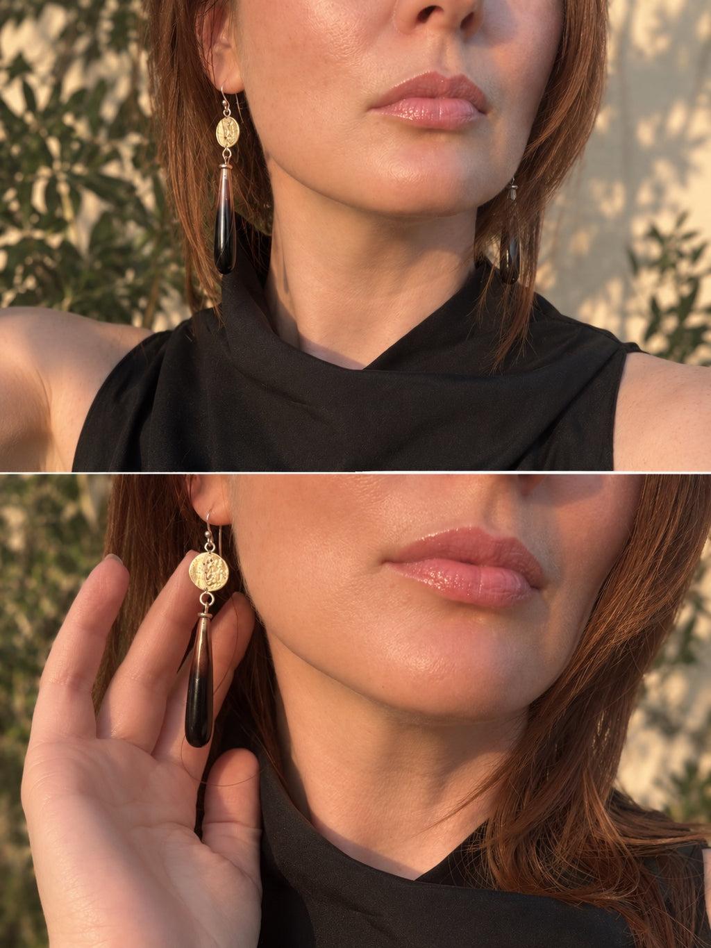Bi-Color Lemon & Smoky Quartz Drop Earrings in Patina Sterling Silver & 24K Gold