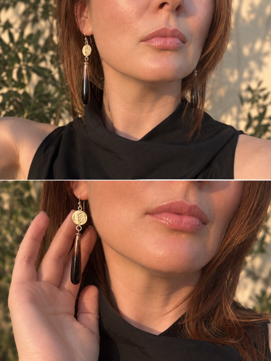 Bi-Color Lemon & Smoky Quartz Drop Earrings in Patina Sterling Silver & 24K Gold