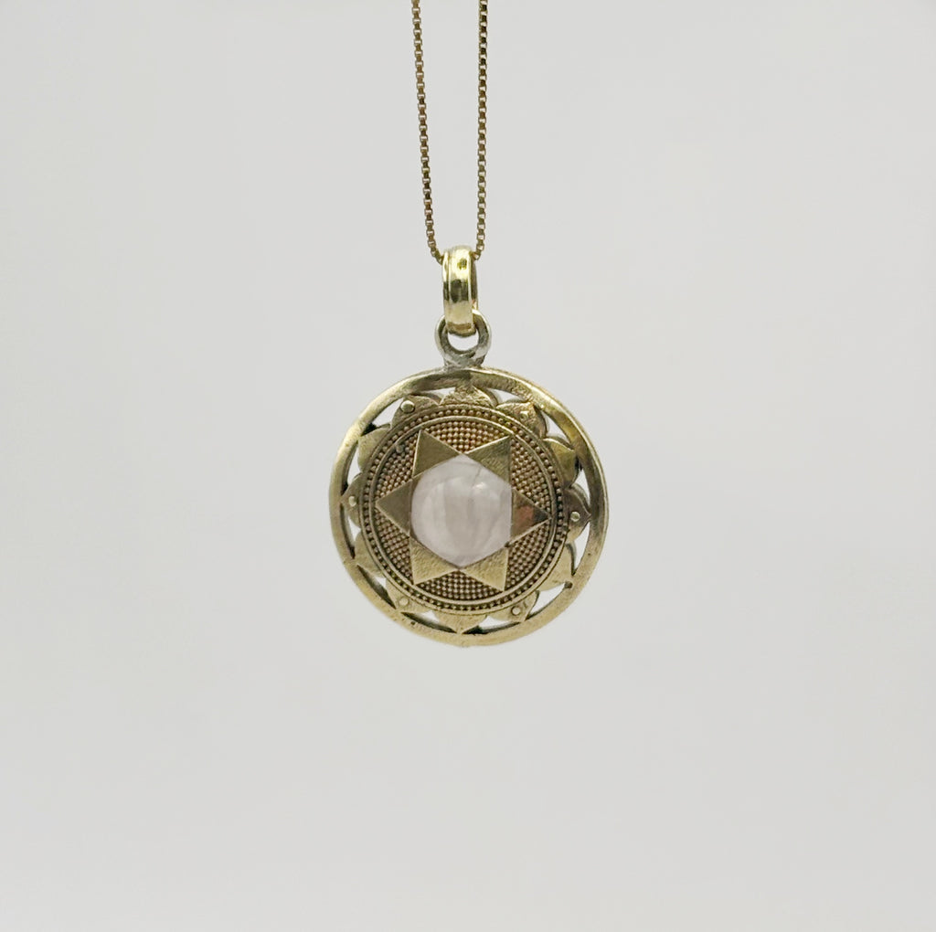 Brass heart chakra pendant with rose quartz crystal, 20 mm diameter, handmade spiritual jewellery