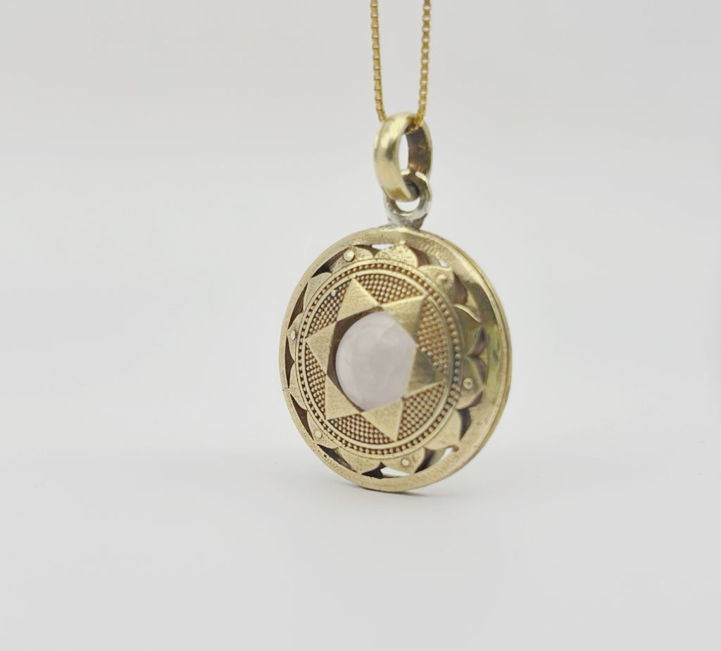 Handmade brass pendant with natural rose quartz crystal, 20 mm heart chakra jewellery, 3D side view