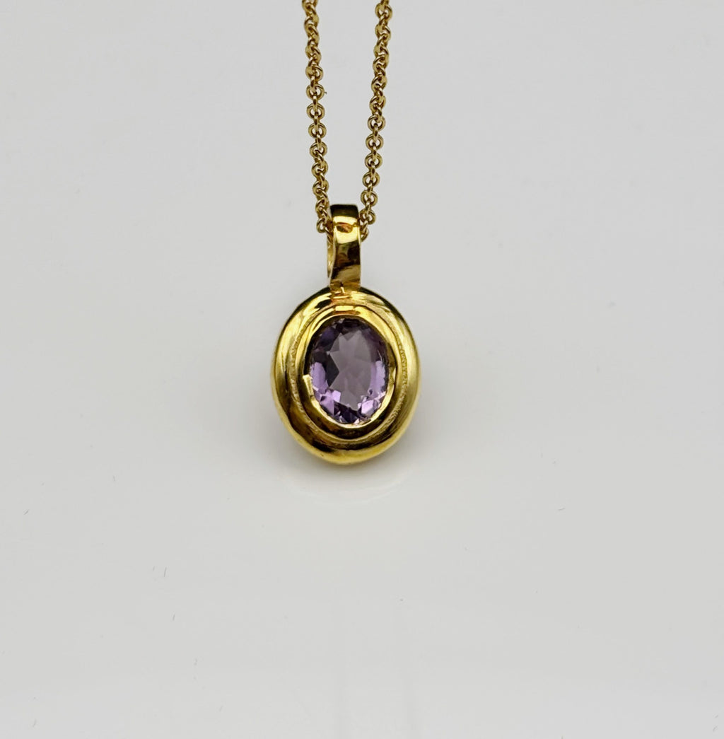 Natural Amethyst February birthstone pendant in polished brass, handmade in Australian studio