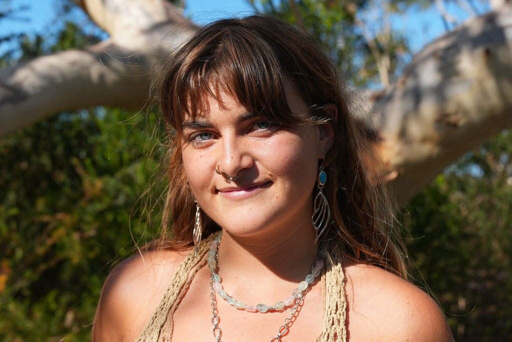 Natural aquamarine beaded necklace on the model