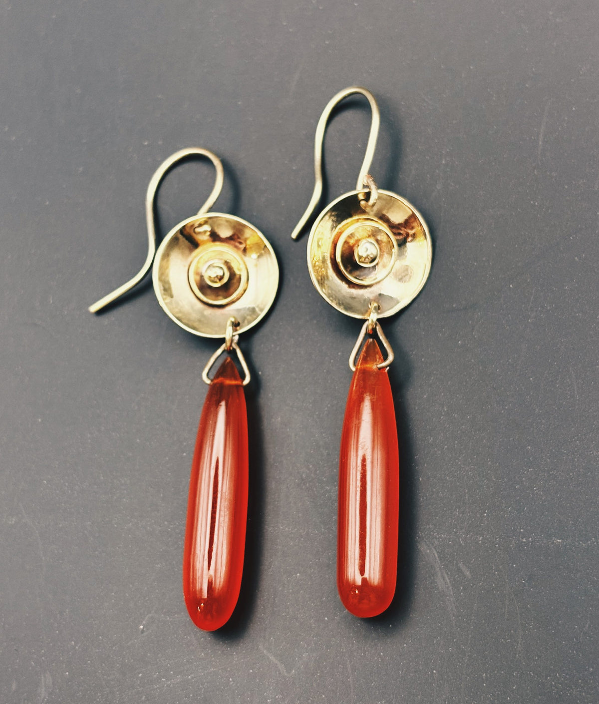 Natural Carnelian drop earrings in polished brass, handmade in my Australian studio