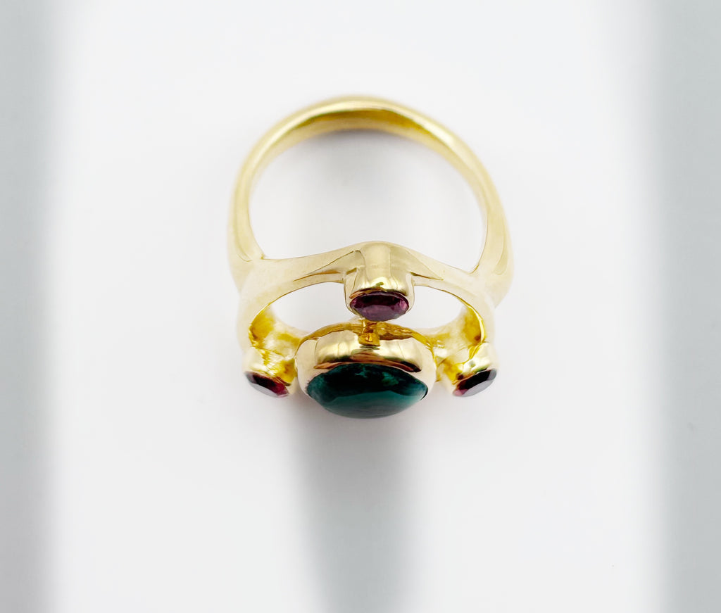 Trinity Symbol Ring in Gold-Plated Sterling Silver – Malachite Centrepiece with Garnet Accents | Handmade Gemstone Jewellery image 4