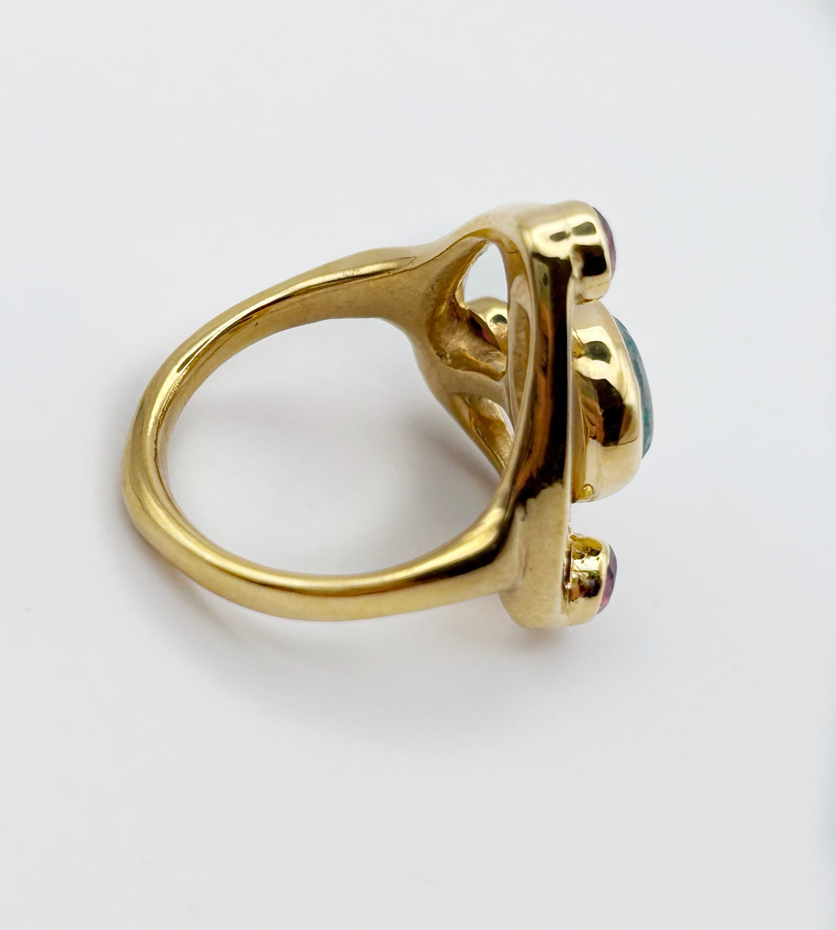 Trinity Symbol Ring in Gold-Plated Sterling Silver – Malachite Centrepiece with Garnet Accents | Handmade Gemstone Jewellery image 3