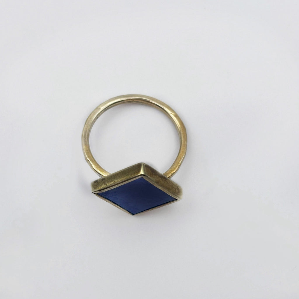 Lapis Lazuli Rhombus Ring in Polished Brass | Sacred Geometry Jewellery Australia image 1