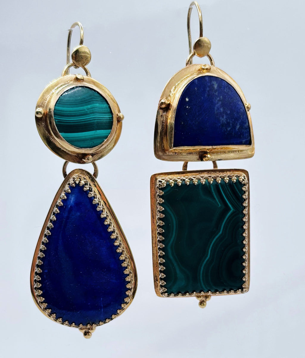 Asymmetrical Malachite & Lapis Lazuli Earrings | Long Statement Gold Plated Jewellery| Twin Realms image 1