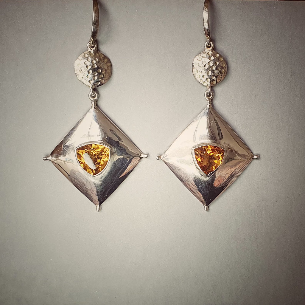 Dangle Rhombus Citrine Earrings | Hand-Fabricated Sterling Silver