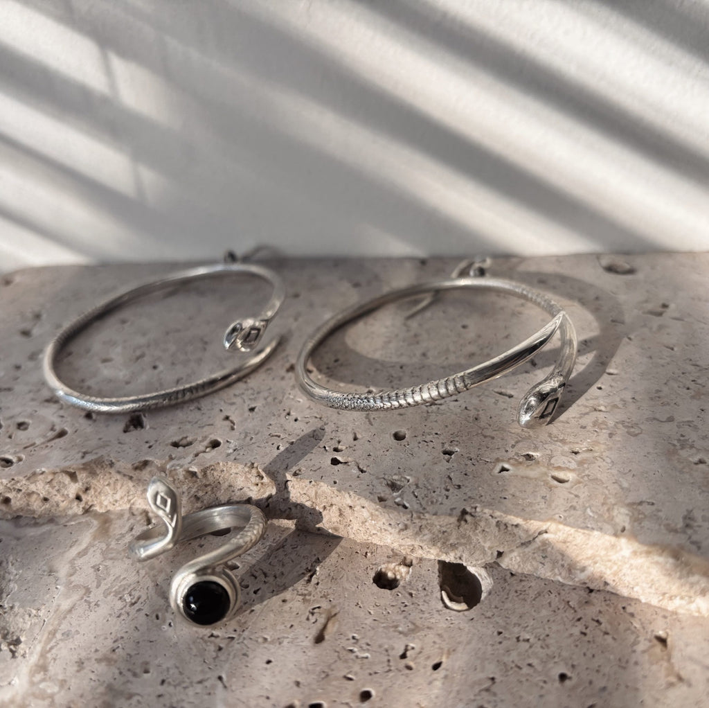 Close-up of the sleek, polished finish and fluid shape of the silver snake earrings